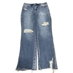 Judy Blue 9/29 Distressed Straight Leg Jeans Medium Wash Raw Hem 28 Inseam